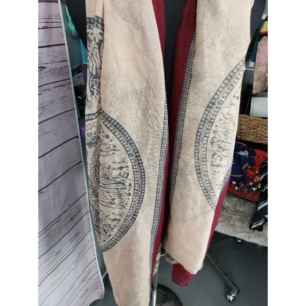 Maurices Medallion Deer‎ Maroon Wrap Scarf Shawl Brown Warm Winter